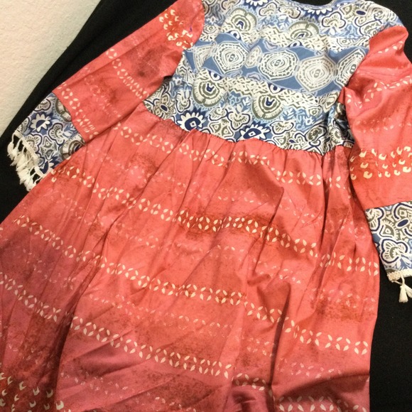 XXL Boho Tunic Dress Coral Blue White Tassel Accents Womens - Picture 7 of 9